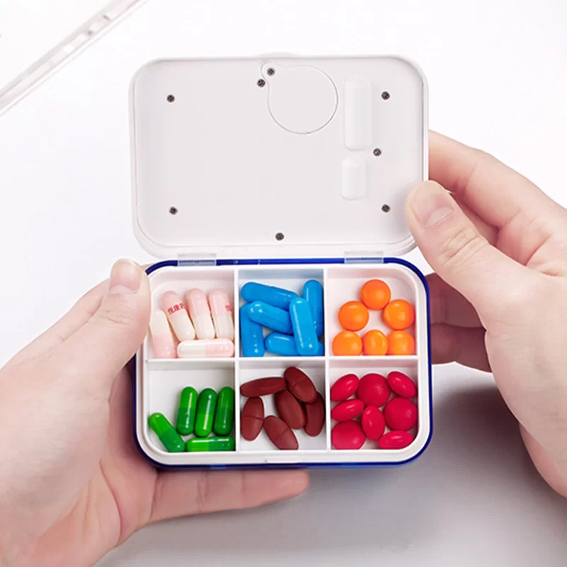 Portable Mini Pill Box Timed Reminders 6 Compartments Pill Organizer Electronic Reminder Pill Box with Timer Five-Group Alarm 5