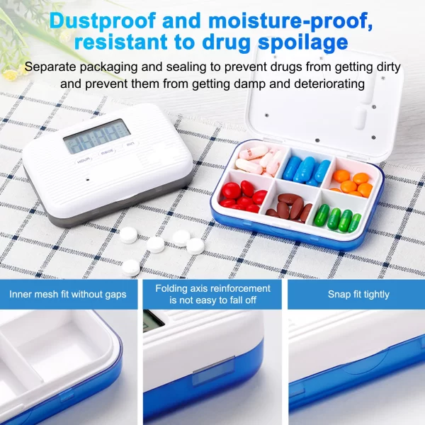 Portable Mini Pill Box Timed Reminders 6 Compartments Pill Organizer Electronic Reminder Pill Box with Timer Five-Group Alarm 4